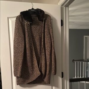 Brown Knit Coat with Faux Fur Collar